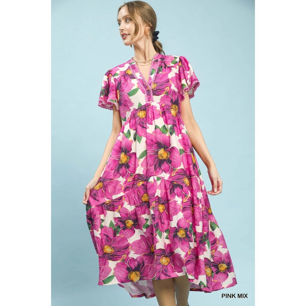 Umgee Tropical Floral V-Neck Flutter Sleeve Tiered Midi Dress - Pink Mix - Large